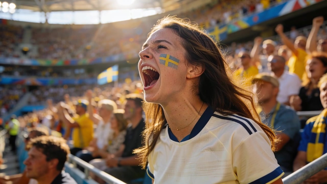 Inclinada hacia adelante, mujer levantándose y gritando en las gradas, reaccionando a un gol con banderas y camiseta de Suecia.