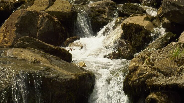 Water over rocks in a mountain stream, slow motion