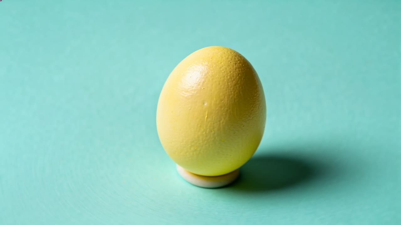Shifting light causing yellow egg turning slightly on teal surface with stand, soft shadow right