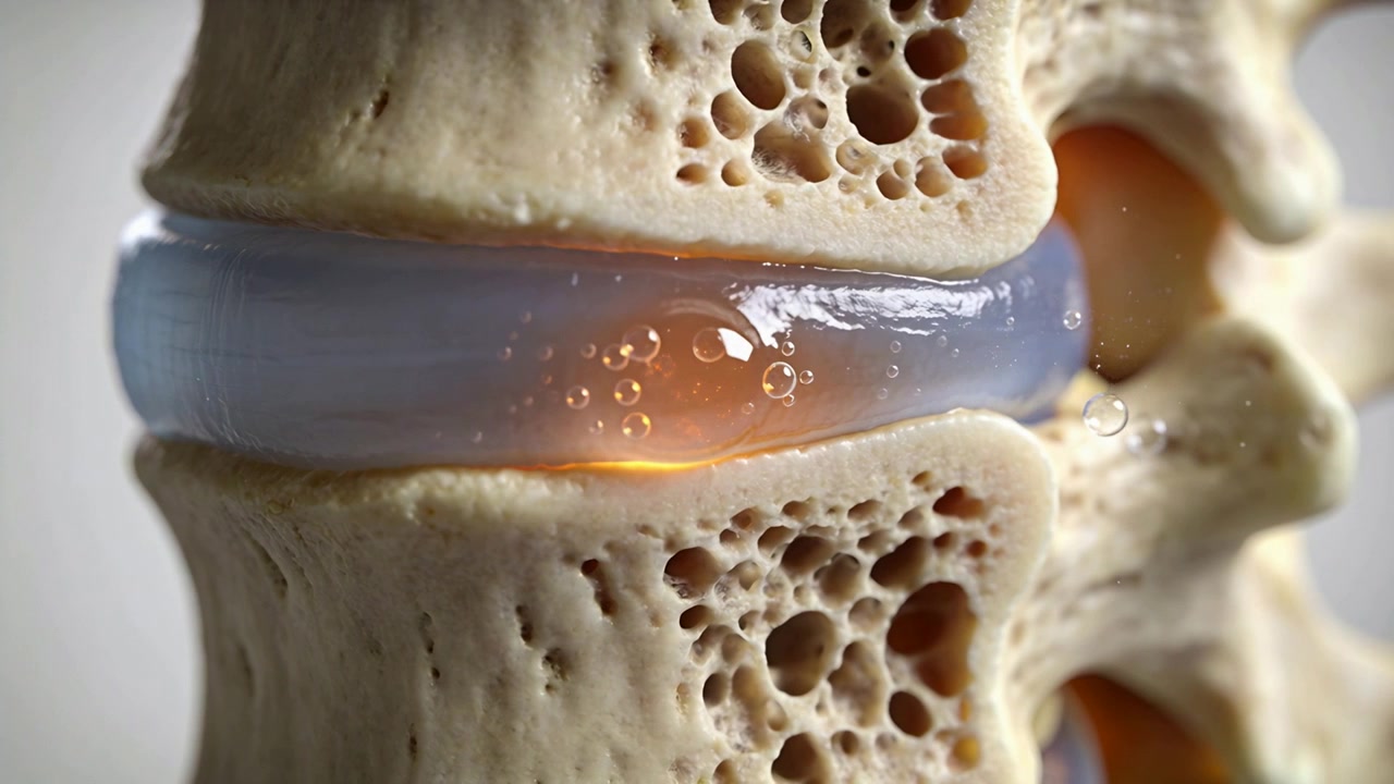 Animazione di vertebre e disco durante la compressione in rendering 3D, con il nucleo che si sposta indietro e bolle.