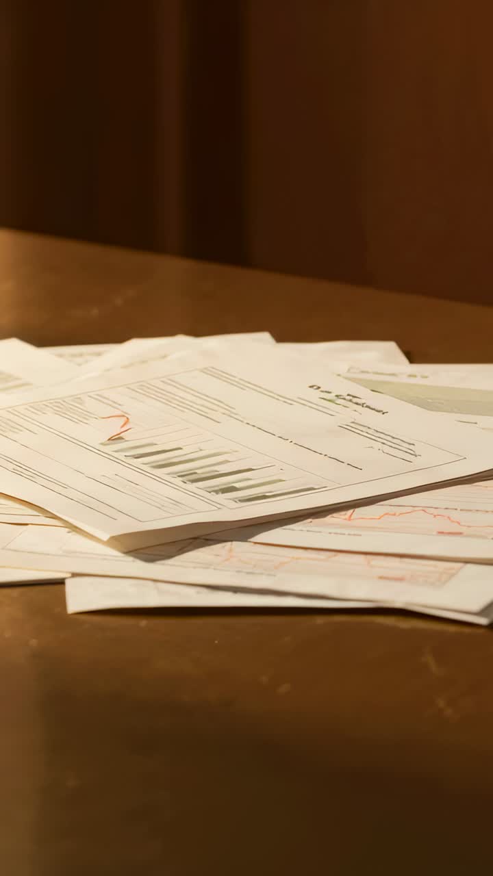 Vertical video: Zooming camera moving to stack on wooden desk, showing printed charts and red trend