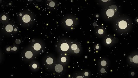 copos de nieve blancos, confeti dorado y luces bokeh en el fondo negro de navidad. imagen de renderización 3d con canal alfa