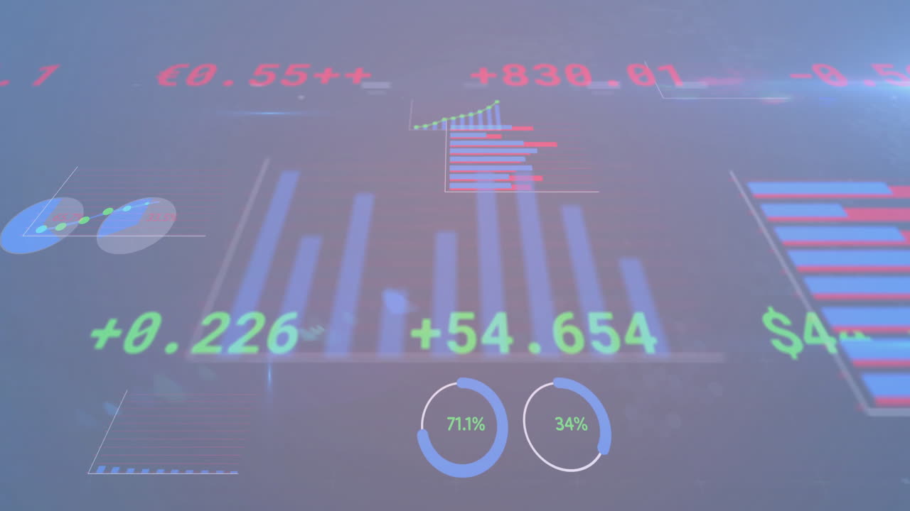 Animation of data processing over diagrams on black background