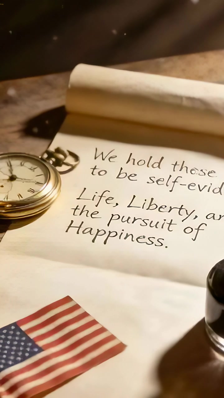 Vertical video: Zooming camera pulling parchment closer on wood desk, revealing Life Liberty, watch