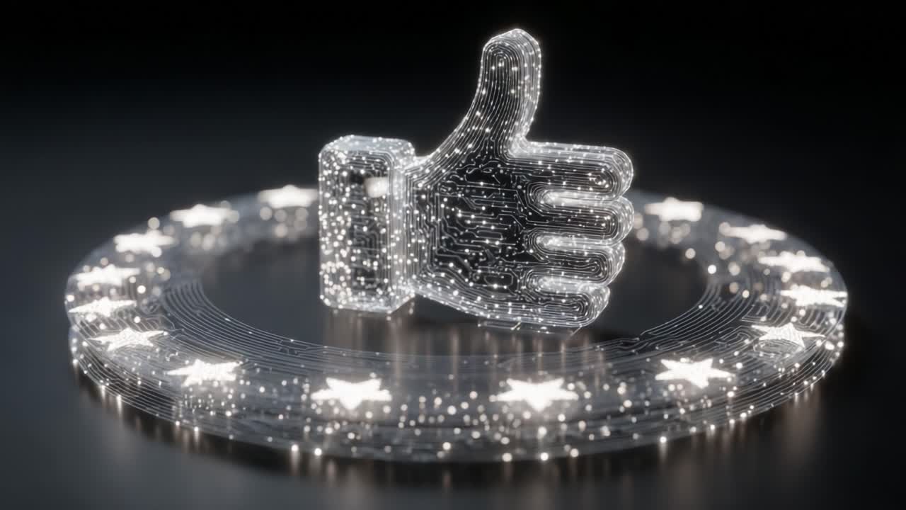 A Glimmering Digital Landscape Featuring a 3D Thumbs Up Icon Surrounded by Illuminated Stars, Symbolizing Connection and Approval in a Futuristic Setting