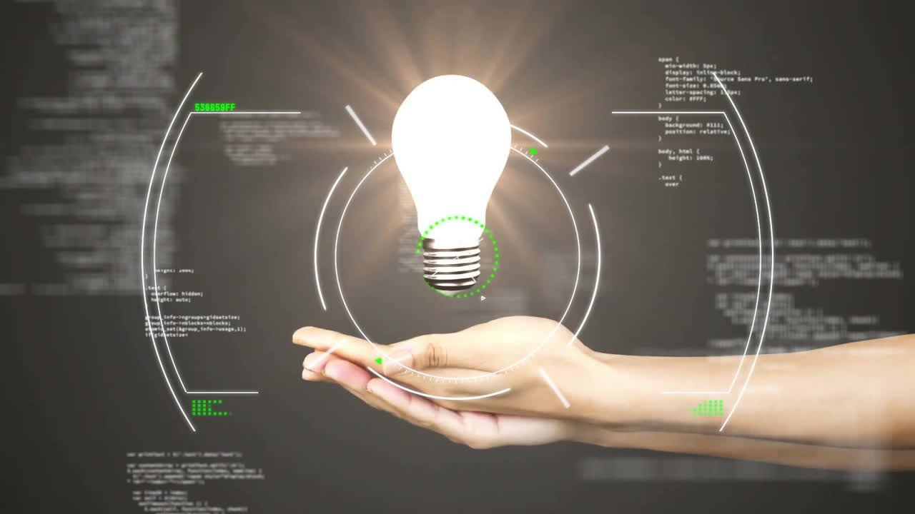 범위 스캔 및 데이터 처리의 애니메이션 손으로 전구