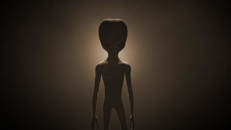 3d cgi vfx animation of a classic roswell style grey alien on a dark sepia backlit background, standing and looking menacingly into the camera, with a smokey, atmospheric environment