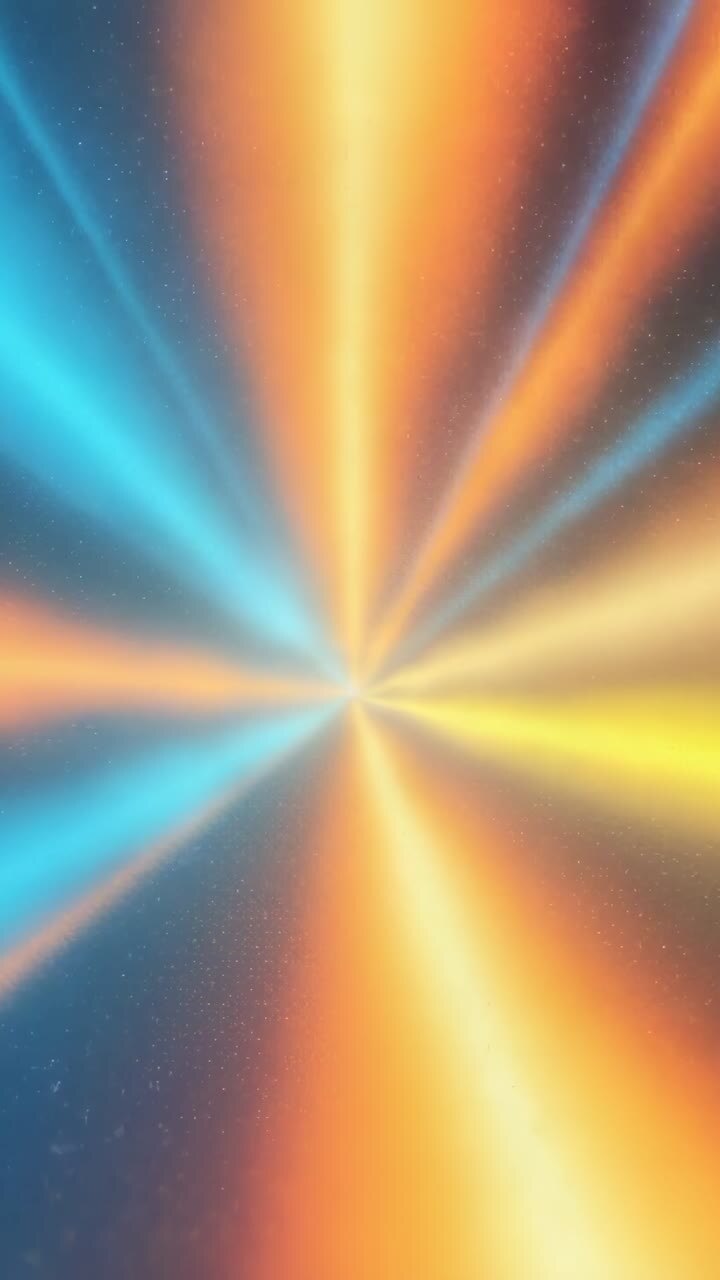 Vertical video: Emerging burst sending orange teal beams widening in space, with drifting dust
