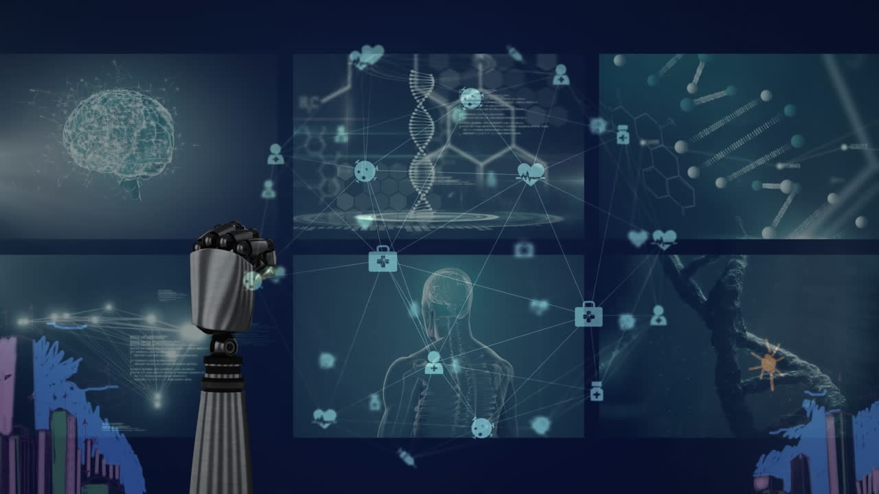 animación de la red de conexiones con iconos sobre la mano robótica y procesamiento de datos