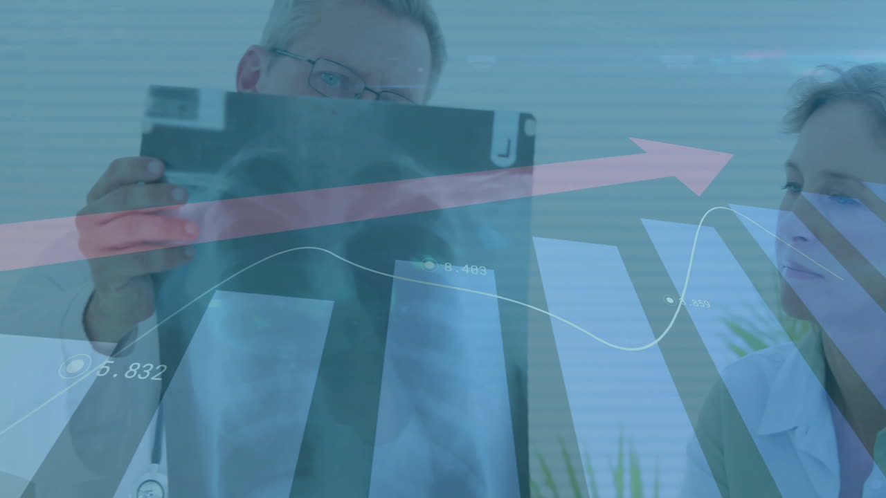 Analyzing X-ray, doctors with medical data charts and graphs over animation
