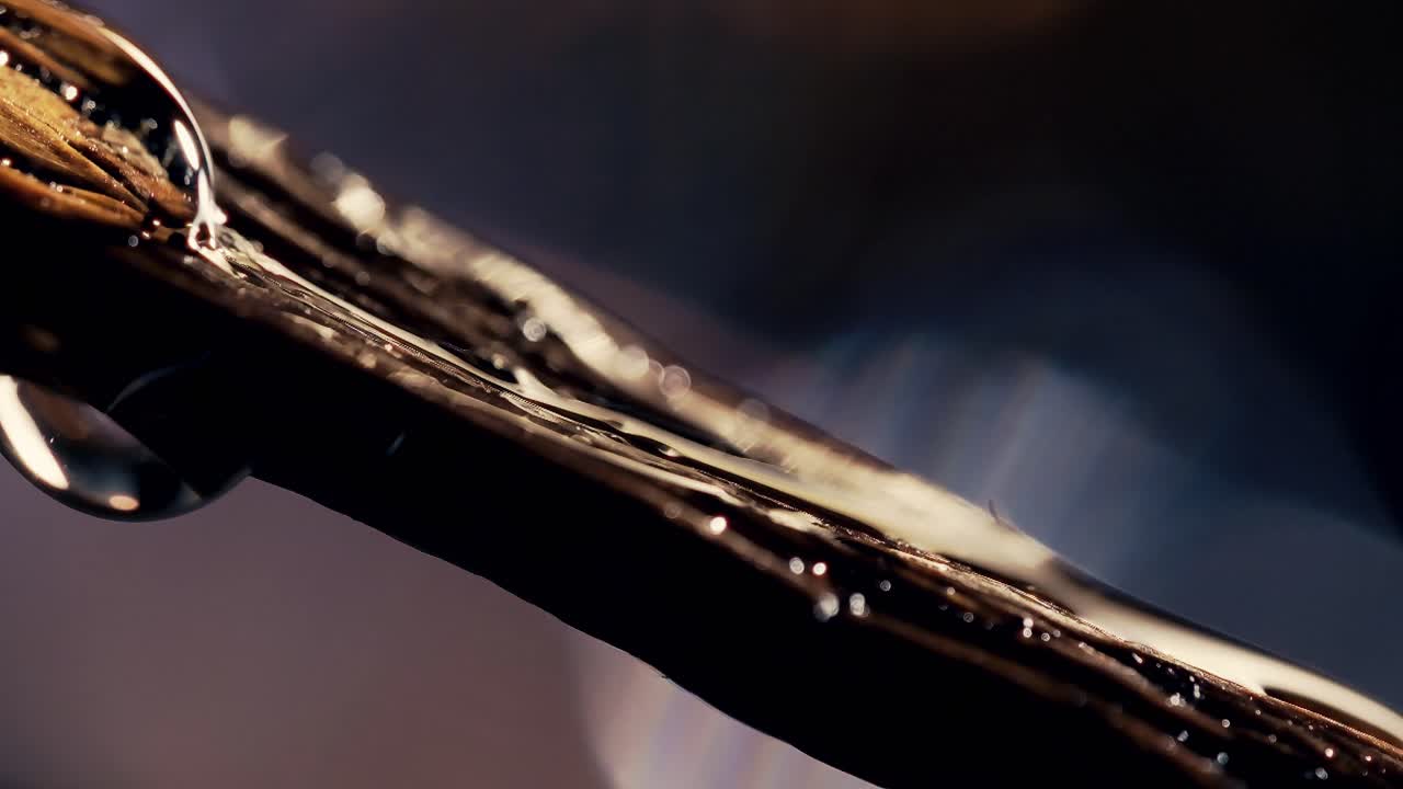 Artistic macro shot of a drop of vanilla essence slowly sliding over a closed vanilla pod. The scene is enhanced by cinematic lighting and a dark background with golden and blue bokeh highlights