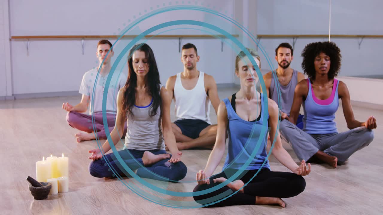 Wellness group of five sitting lotus on floor, blue circles appearing and pulsing, guiding breath