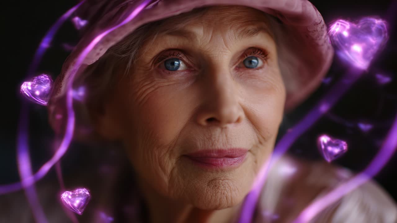 Un delicato ritratto di un'anziana donna che irradia gioia e saggezza, circondata da incantevoli cuori viola e morbidi nastri, che cattura l'essenza dell'amore, della vita e della bellezza senza tempo in un contesto grazioso
