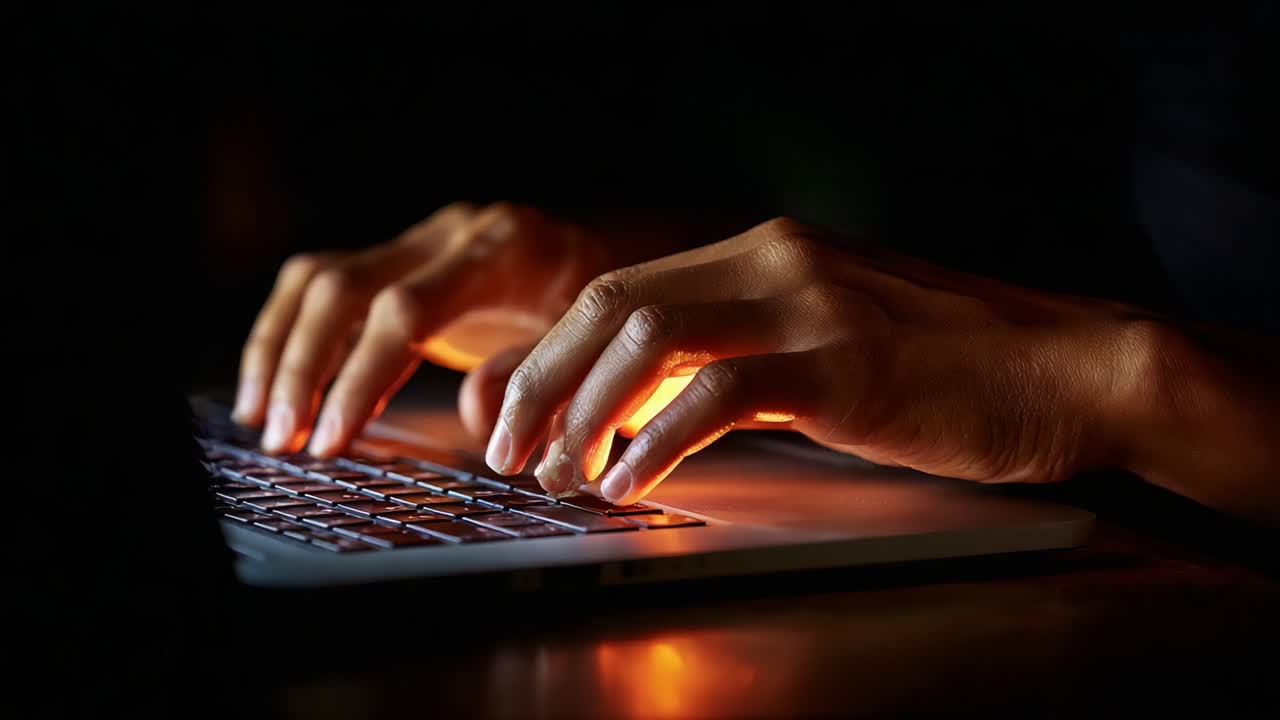 Verlichte handen die typen op een laptoptoetsenbord in een slecht verlichte omgeving, waardoor het contrast van licht tegen de donkere achtergrond en de ingewikkelde details van vingers in beweging worden getoond tijdens digitale activiteiten