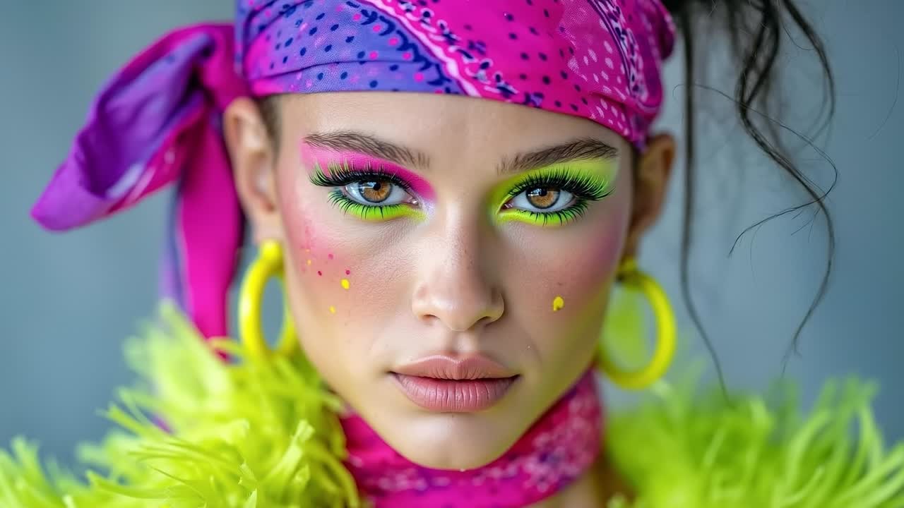 A woman with bright green and pink makeup and a pink bandana