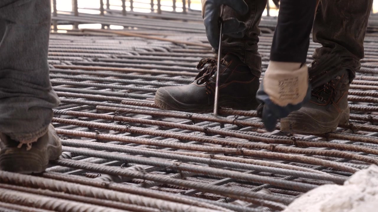 Construction Workers Installing Steel Reinforcement Rebar On A Building Site