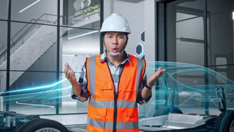 ingeniero confundido en una instalación automotriz moderna