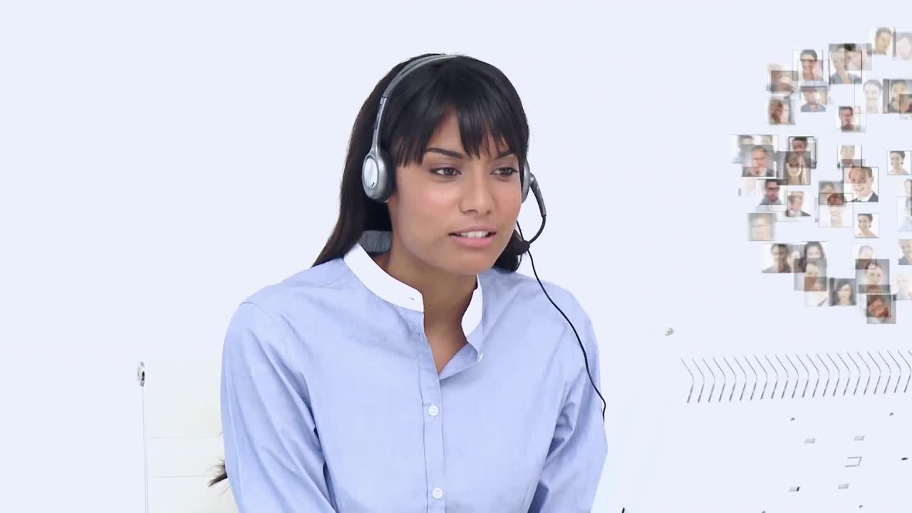 Animation of globe of connections with people photographs over businesswoman using phone headset