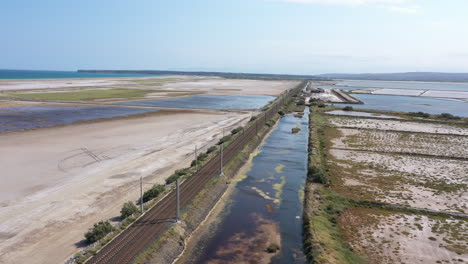 tren ferroviario que pasa entre la producción de marismas saladas y el leucato del mar mediterráneo