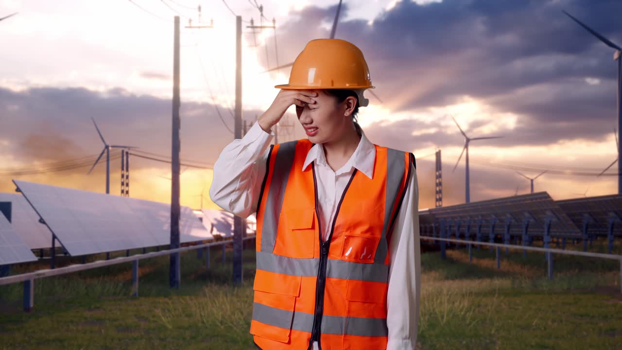 Asian Female Engineer With Safety Helmet Having A Headache While Working With Solar Panel and Wind Turbines