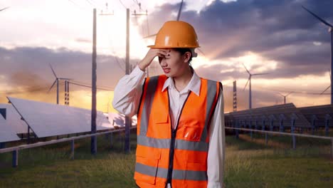 asian female engineer with safety helmet having a headache while working with solar panel and wind turbines