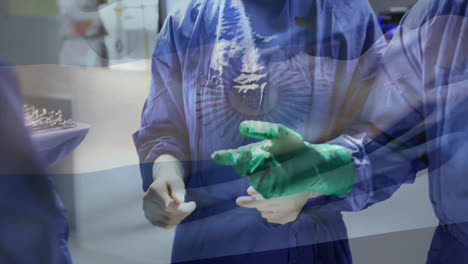 animation of flag of argentina over diverse surgeons in hospital