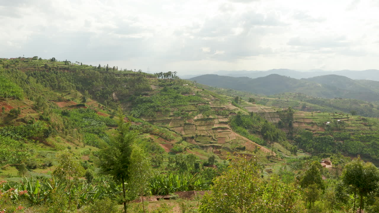 Pan shot of mountain valley in Rwanda