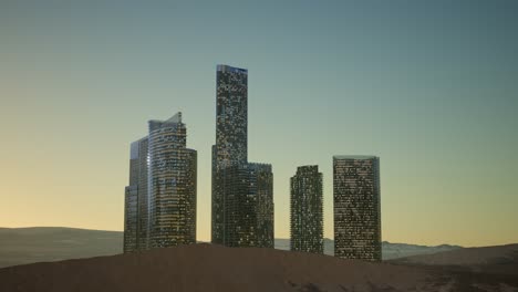 Rascacielos-De-La-Ciudad-En-La-Noche-En-El-Desierto