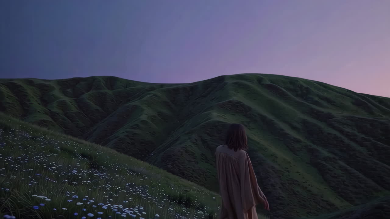 해가 지는 산에서 하이킹하는 여자