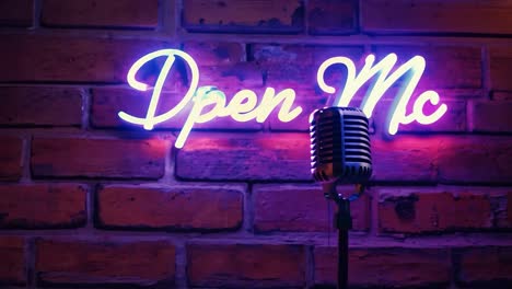 vintage microphone stands in front of a flickering neon open mic sign against a textured brick wall