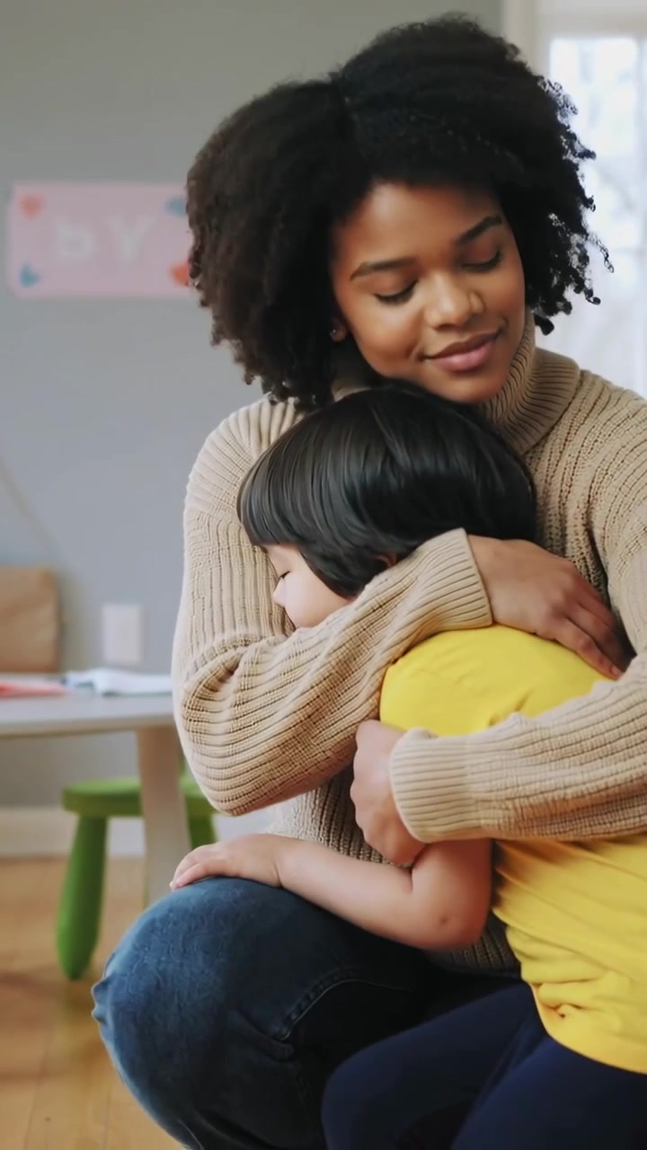 Video verticale: Donna con maglione color cammello e jeans che si protende per abbracciare un bambino e confortarlo vicino a un tavolo a casa