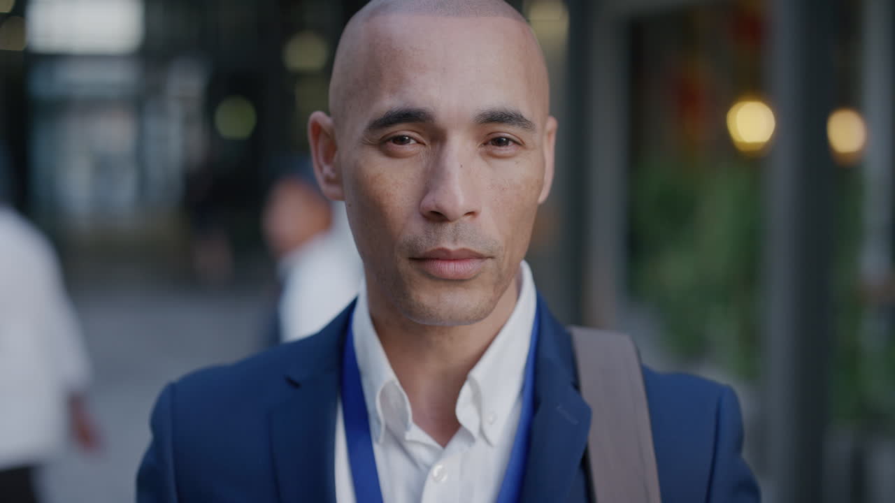 가까운 초상화 자신감있는 히스패닉 사업가 전문 경력을 즐기는 성공적인 남성 기업가 도시에서 느린 동작 야망 성공