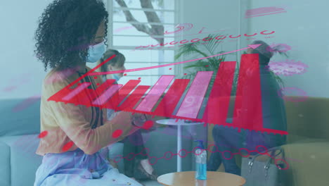 animación de la interfaz digital que muestra estadísticas con colegas en la oficina que usan máscaras faciales