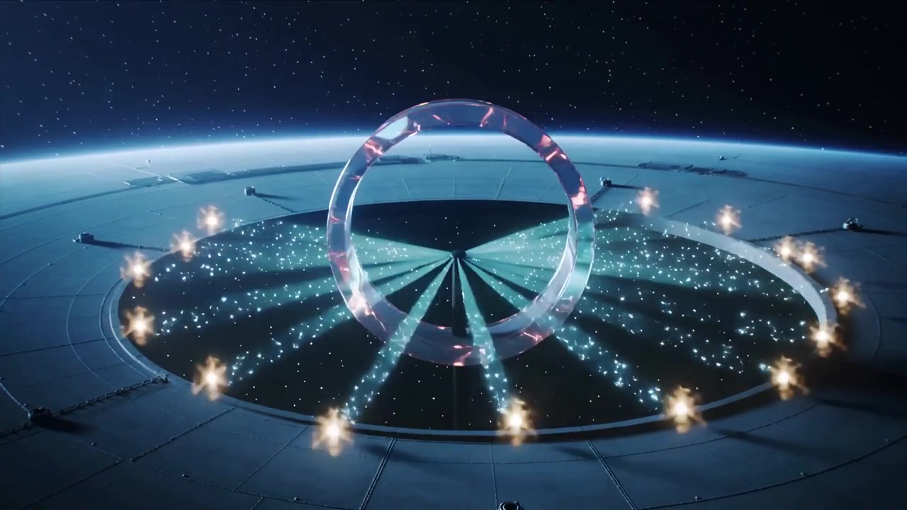 Hovering two translucent rings rotating and refracting light in orbit, responding to teal pit beams