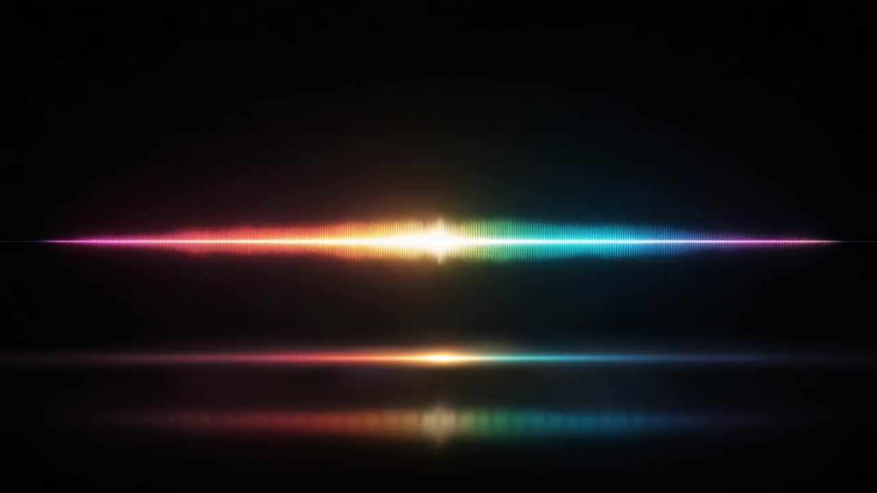 Onde sonore vibranti visualizzate in uno spettro colorato, che mostrano la gamma dinamica delle frequenze audio attraverso picchi di energia e flusso.