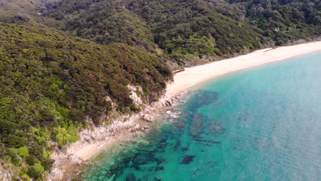 Felsige-Klippe-An-Der-Anapai-Bay,-Vogelperspektive-Aus-Der-Vogelperspektive-Neben-Einem-Langen-Sandstrand-Im-Gegensatz-Zum-Tropischen-Wald-In-Abel-Tasman,-Neuseeland