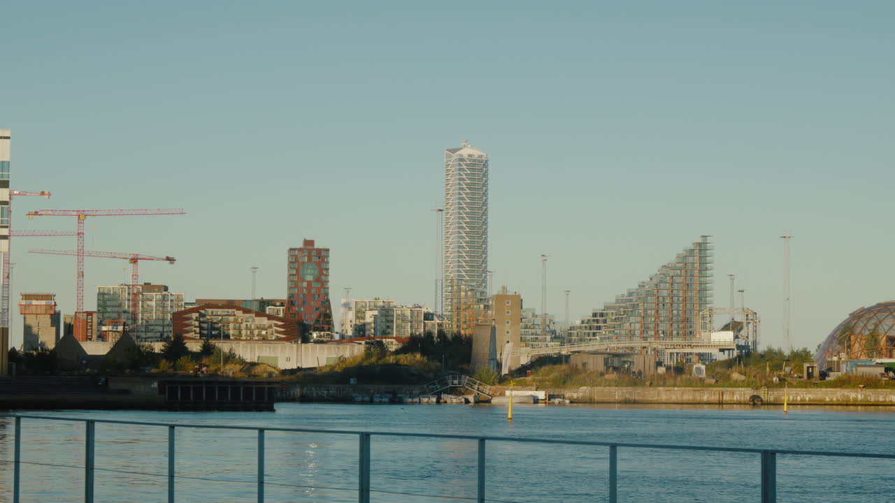 Modern waterfront skyline at Aarhus, Denmark. Perfect for urban development or travel documentaries.