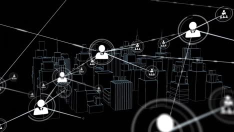 animation of network of connections with icons over 3d city drawing