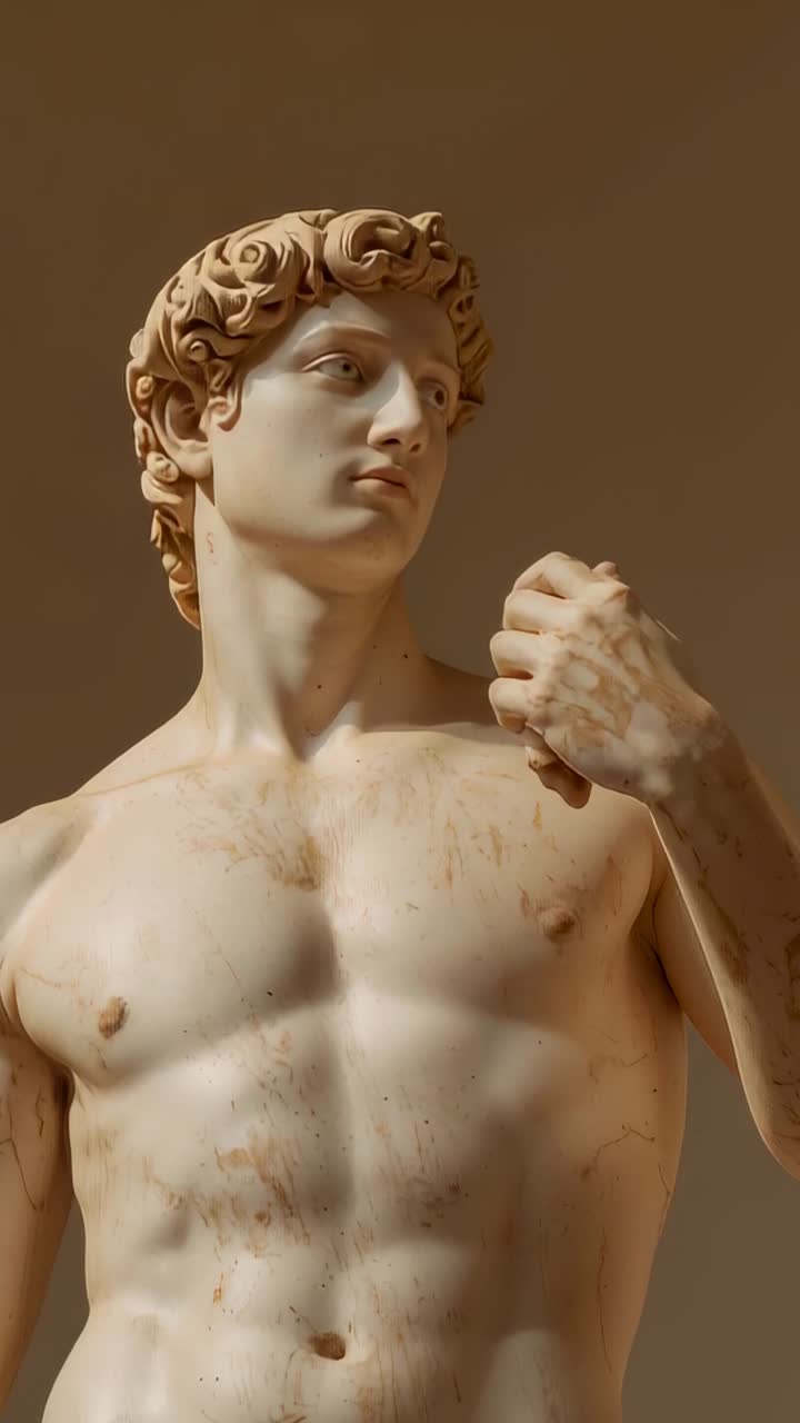 Vídeo vertical: cámara haciendo un barrido que revela una escultura masculina de mármol con torso desnudo y eslinga en un estudio