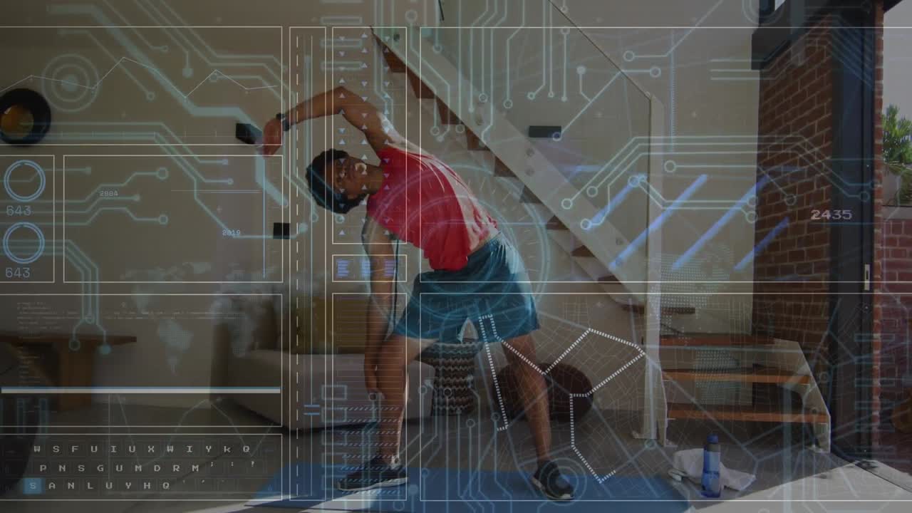 Animation of data on digital screen over african american man exercising at home