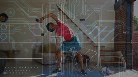 Animation-of-data-on-digital-screen-over-african-american-man-exercising-at-home
