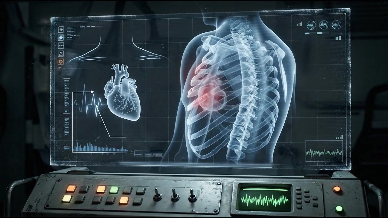 Chest X ray with red highlighted rib pain area on digital diagnostic monitor