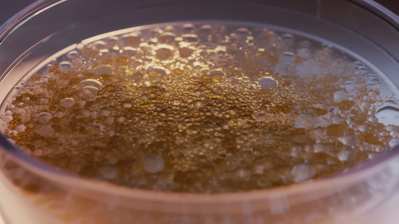 Primo piano di una superficie liquida dorata con numerose bolle