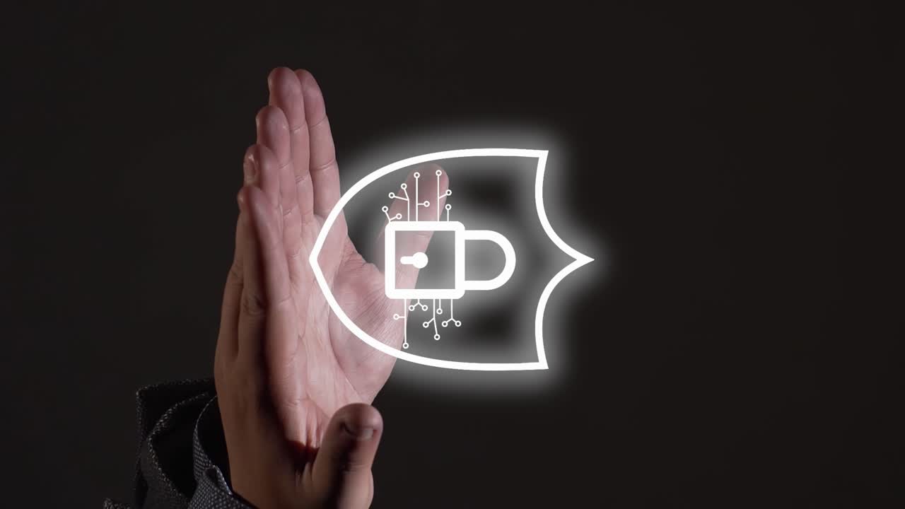 모션 그래픽을 통한 일상 생활 표현: 남성의 손이 보안 기호를 나타냅니다.