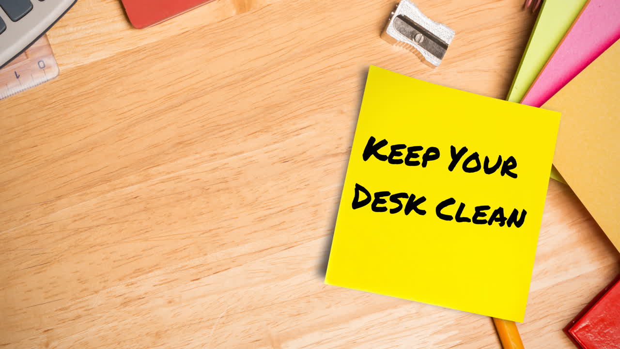 Animation of keep your desk clean text on memo note on desk
