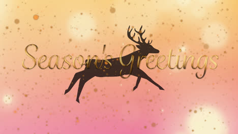 animation of seasons greetings text over running reindeer on pink and orange background