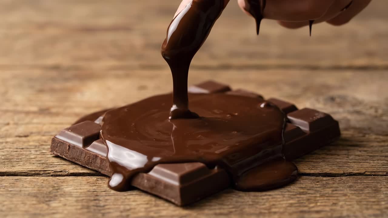 Dito immerso nel cioccolato fuso su un tavolo di legno
