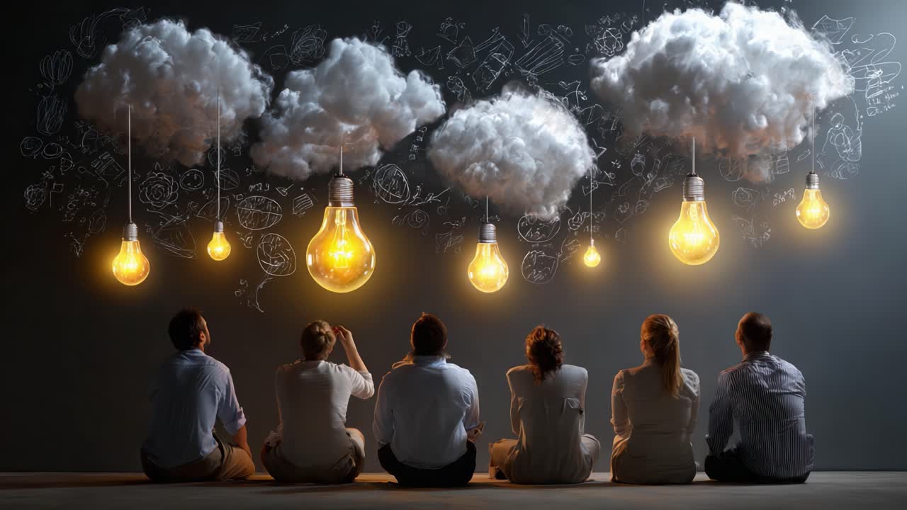 Innovative Minds Exploring Ideas Under Cloudy Thoughts and Bright Ideas, Represented by Light Bulbs Hanging Above a Group of Individuals in a Thoughtful Setting