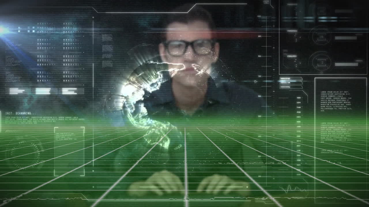 In school, child using animation holographic interface displaying digital brain data