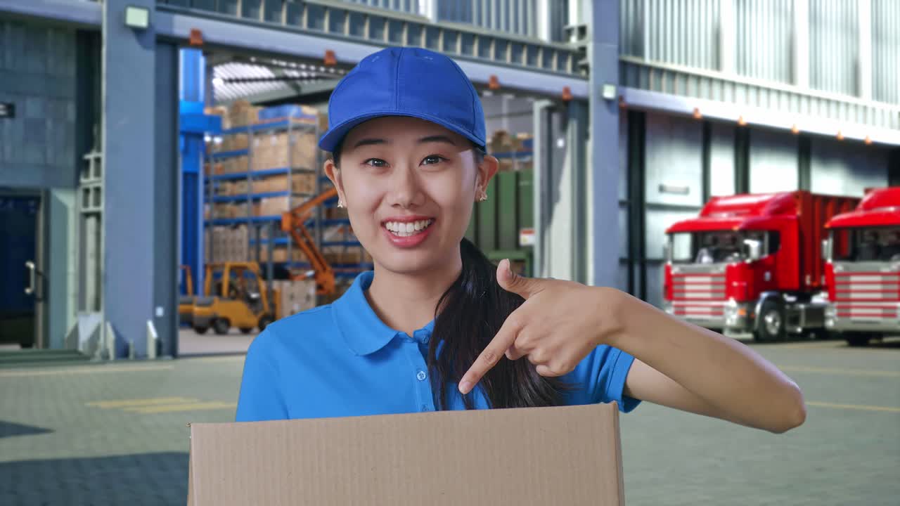 Close Up Of Asian Female Courier In Blue Uniform Smiling And Talking To Camera While Delivering A Carton, Outside Warehouse